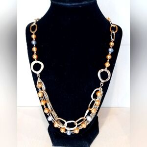 Premier Designs gold toned and peach and gray faux pearls. 24" to 27"